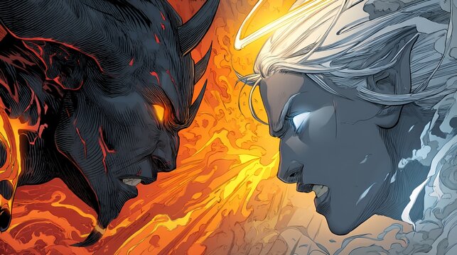 Celestial Clash: Archangel vs Demon in Cosmic Battle Art