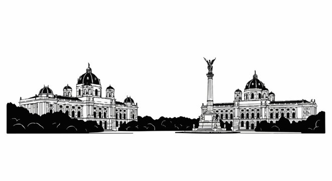 Stylized sketch of classical buildings and a monument amidst trees