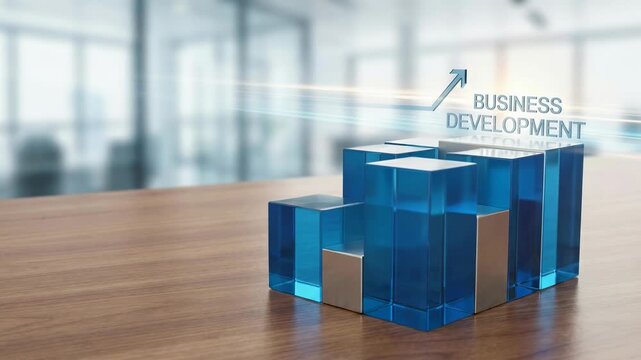 Business strategy growth concept featuring blue glass blocks and cubes on wooden table illustrating business development success