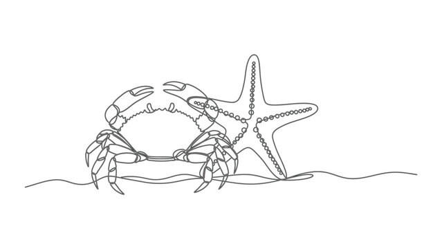Continuous one line drawing of a crab and a starfish on the beach.