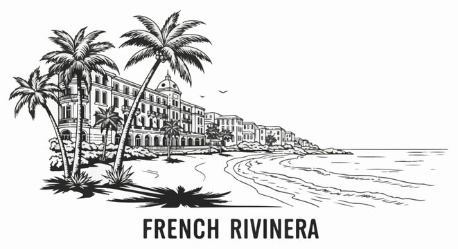 Vintage line art of a coastal town with palm trees and ocean