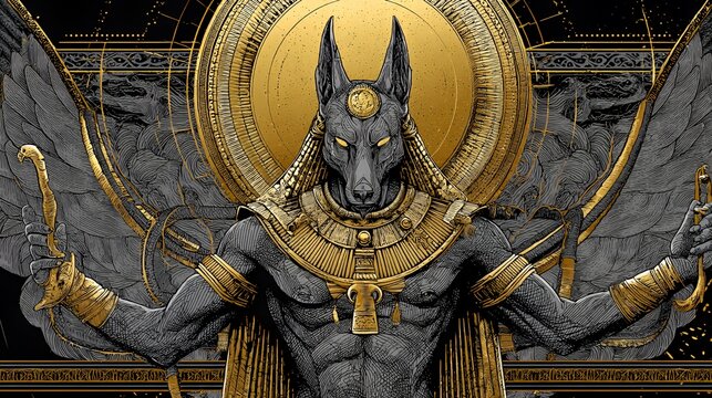 Golden Anubis: Egyptian God of Afterlife with Scepter and Wings Art
