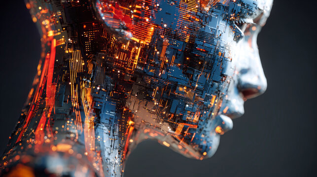 Conceptual scene presents a human head with circuit designs and glowing rays, showcasing ideas of artificial intelligence and digital technology