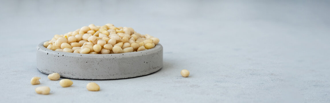 Pine Nuts in Concrete Bowl on Light Background. Banner
