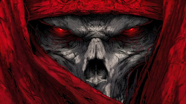 Crimson Veiled Wraith: Glowing Red-Eyed Skull Art