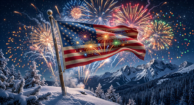 Vivid American Flag Waves Amidst Fireworks Over Mountain Snowy Landscape Celebrating Independence Day