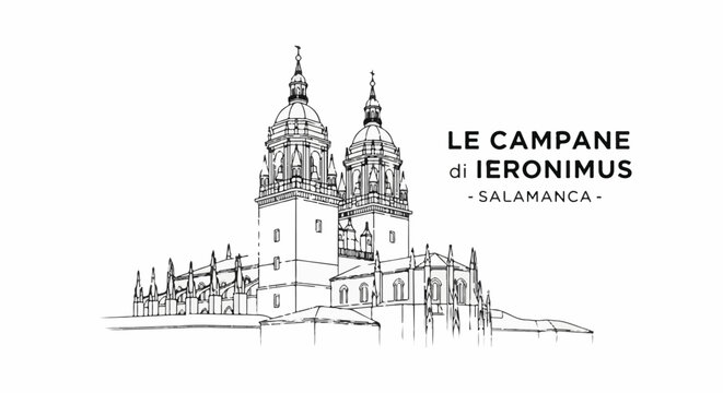 Sketch of grand twin-towered cathedral with gothic architectural details