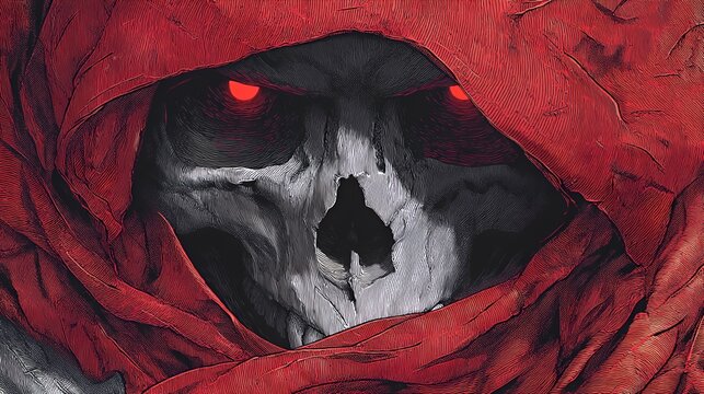 Crimson Hooded Specter: Glowing Red-Eyed Skull Artwork