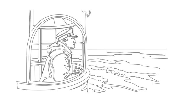 Line art illustration of a ship captain standing in a navigation bridge.