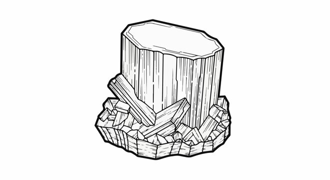 Line art drawing of a prismatic crystal cluster with many facets
