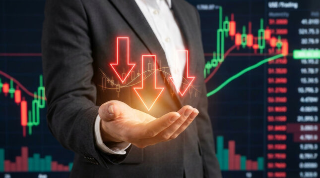 Global economic inflation crisis recession risk business man hand gesture with falling arrow icon and stock market chart background warning about