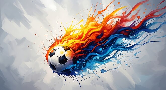 soccer ball exploding with vibrant paint splatter and dynamic motion effect