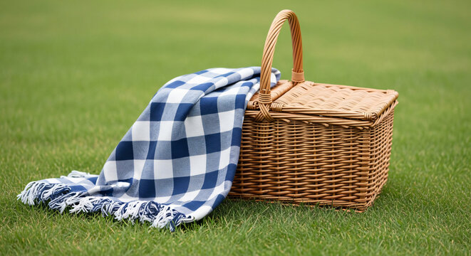 Wicker picnic basket with blue checkered blanket on green grass