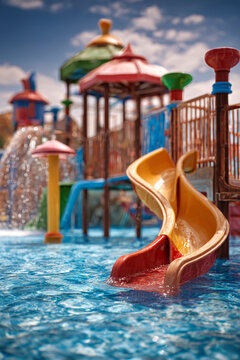 Children play in a water park area featuring a blue pool and a colorful slide under a clear sky with water fountains and fun activities nearby