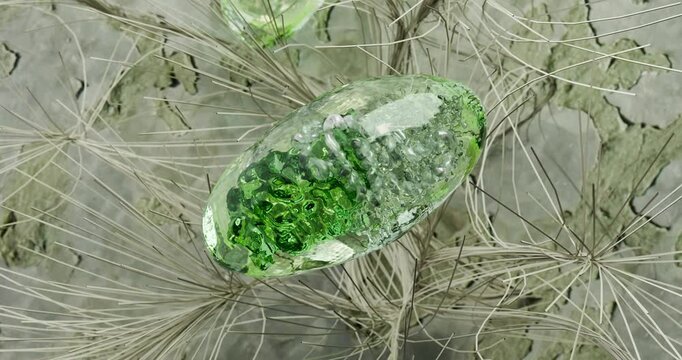 "3D interior space of a living cell.  Inside the organelles, bacteria, and cells, sparks glow brightly, symbolizing the process of energy production and active metabolism.
The surrounding space is fil