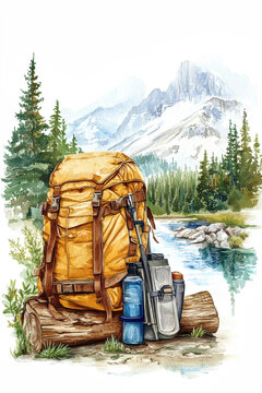 A backpack is placed on a log by a river. Trees and mountains are in the background. This scene shows a hiking spot in nature