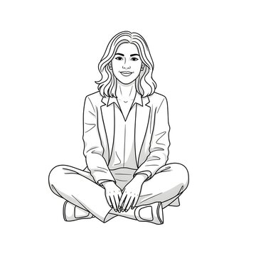 Businesswoman sits cross-legged on the floor while wearing a professional suit in a simple line art illustration.