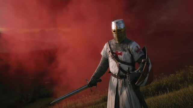 Templar knight in armor drawing a sword against a background of red smoke, medieval warfare and epic fantasy concept
