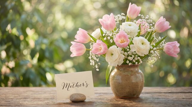 Beautiful bouquet of pink tulips and white flowers for mothers day
