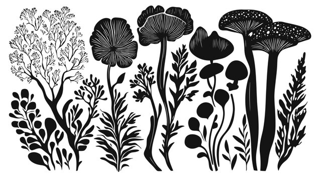 A black and white illustration of assorted plants, fungi and foliage