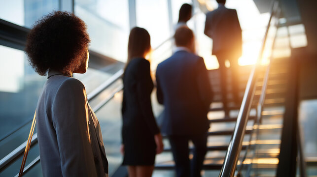 Cinematic wide back view of silhouetted professional figures standing on a bright softly defocused modern office staircase mid conversation staircase meeting office discussion
