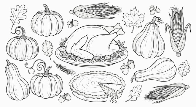 Hand-drawn harvest bounty featuring pumpkins, corn, roasted turkey, pie, acorns, and leaves