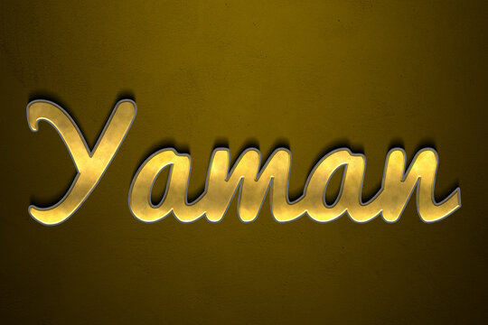 Old gold text effect of Turkish name Yaman with 3D glossy style Mockup.