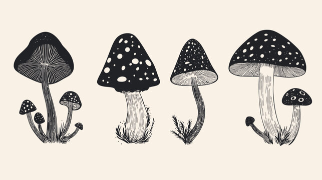Monochrome illustration of various mushroom types with detailed textures and contrasting elements