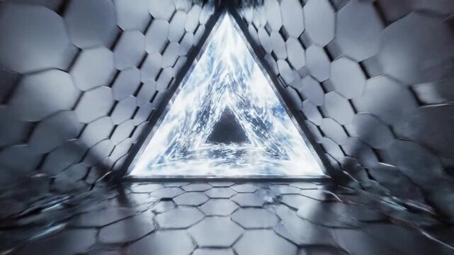 Futuristic metallic triangular tunnel featuring glowing blue neon frames and orange light reflections on hexagonal tiled floor and walls in a dark sci-fi industrial corridor.
