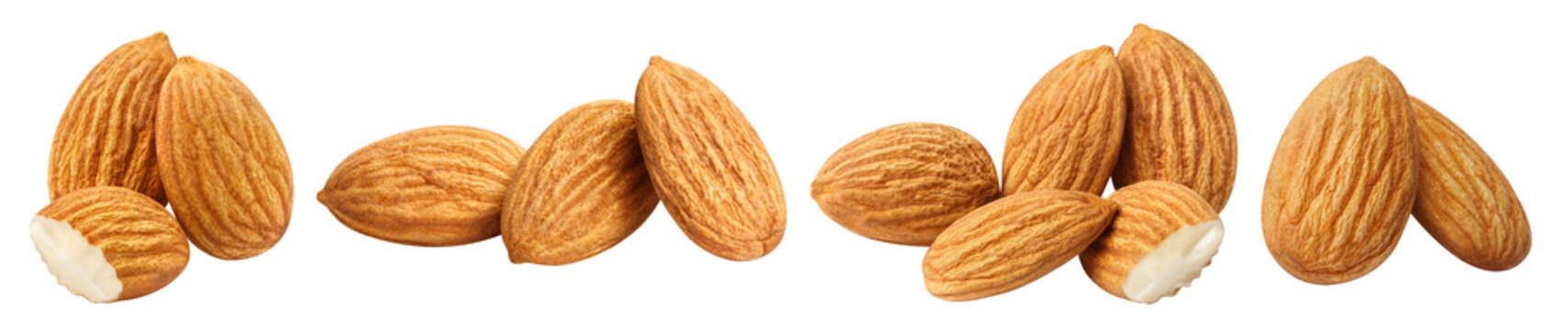 Set of delicious natural almonds, isolated on cutout transparent background