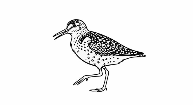 A black and white line drawing of a sandpiper with speckled plumage walking