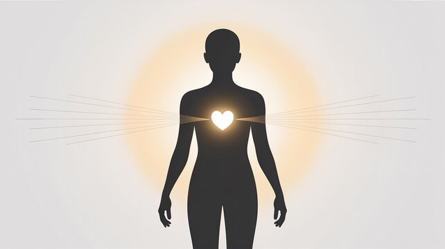 Human silhouette with glowing heart center, energy and healing concept. Spiritual balance, self love, mindfulness and inner light on minimal background with copy space.