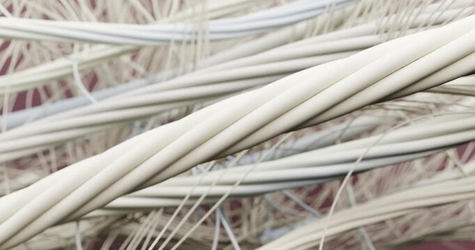 The 3D macro image is a complex organic structure consisting of many thin, yellowish-white fibers. The threads are tightly intertwined, forming a dense network, the structure of biological tissue.Soft