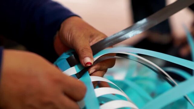 Making woven bags from recycled plastic. A product to reduce waste.