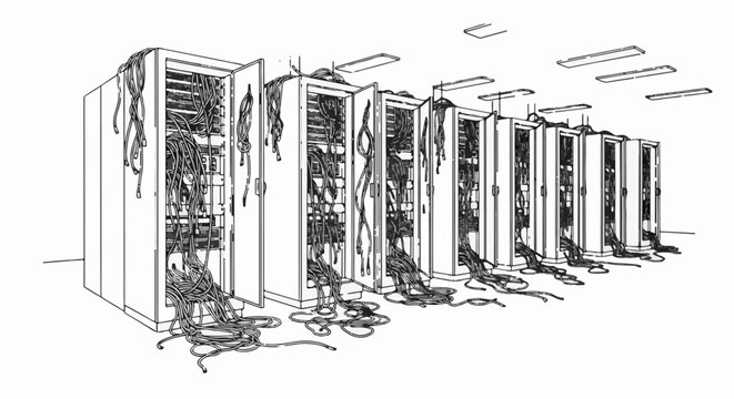 Server racks filled with messy cables in a dimly lit room
