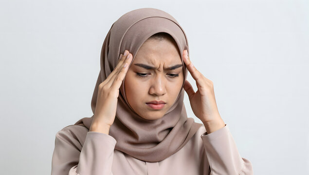 Headache Agony: A young woman wearing a hijab clutches her temples, her face contorted in a clear expression of intense head pain and distress.