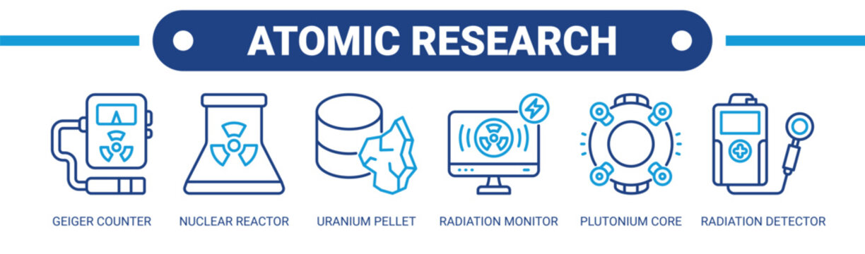 Atomic Research web banner icon vector illustration concept with icons of geiger counter, nuclear reactor, uranium pellet, radiation monitor, plutonium core, and radiation detector. 