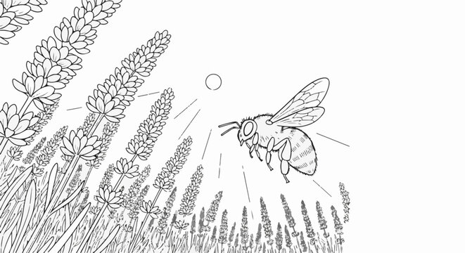 A bee hovers over a field of blooming lavender plants under a clear sky