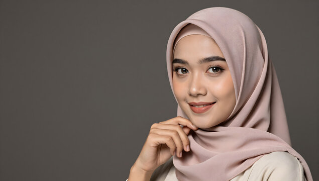 Serene Portrait of Hijab-Clad Woman: A beautiful woman in a hijab, embodying elegance and grace, poses with a gentle smile against a neutral backdrop.