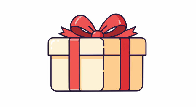 A cartoon illustration of a gift box with a red ribbon and bow on a white background