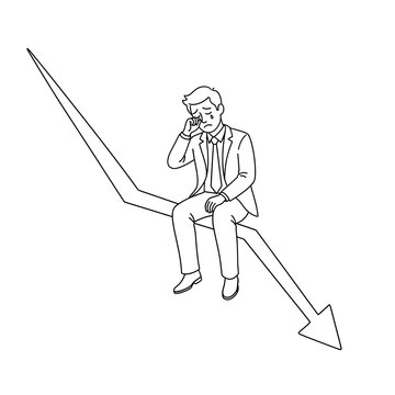 Businessman sits on a downward trending arrow while crying to express financial loss and failure.