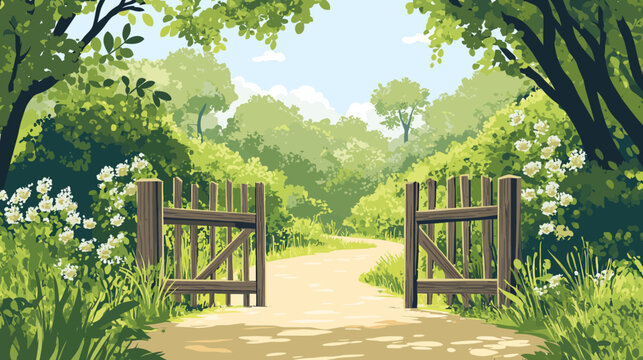 A peaceful illustration of a path winding through a green landscape, opening with a gate