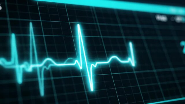 a close-up video of a pristine, high-resolution clinical digital display with a vibrant, glowing neon teal ecg line mimicking vital signs. precise, sterile medical aesthetics
