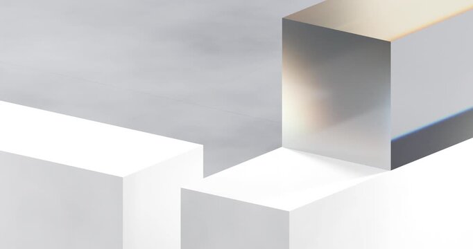 3D minimalistic animation of massive geometric blocks. White matte platforms with clear edges and polished surfaces are combined with mirrored metallic elements in a cool gray shade. The blocks slide 