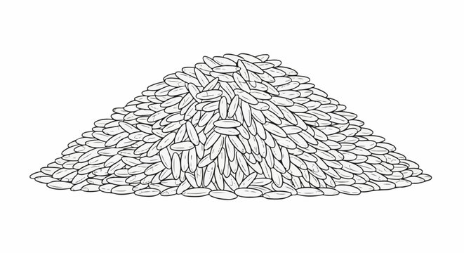 A black and white illustration of a large pile of rice grains