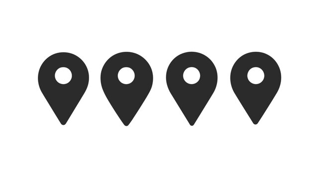 Four black map pointers arranged horizontally against a white background, denoting location