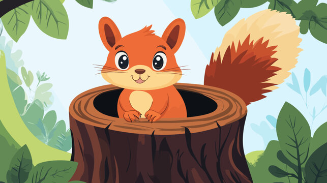 A cartoon squirrel peeps from a tree stump surrounded by greenery and leaves