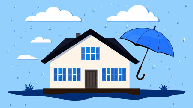 A cartoon-style illustration of a house with an umbrella protecting it from the rain