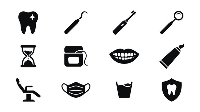 Set of dental care icons featuring tools and symbols isolated on transparent background