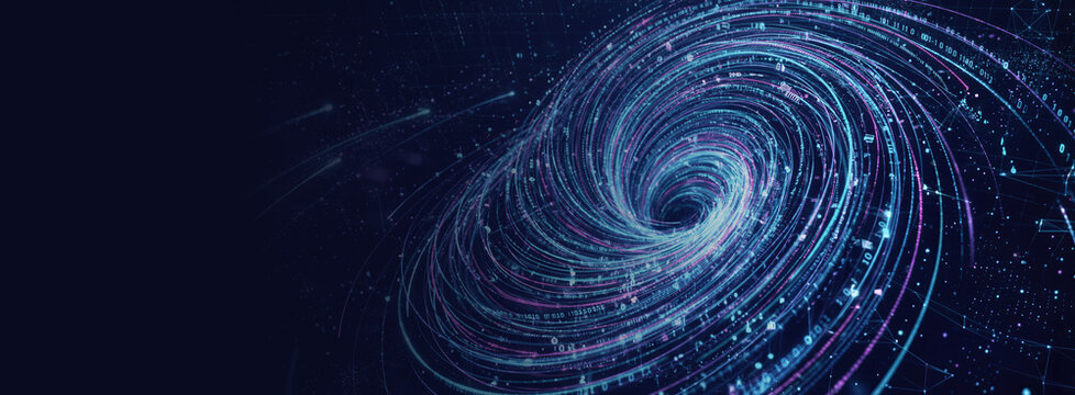 Digital vortex background with streaming binary code. Abstract cyberspace tunnel with glowing data flow. Banner with copy space